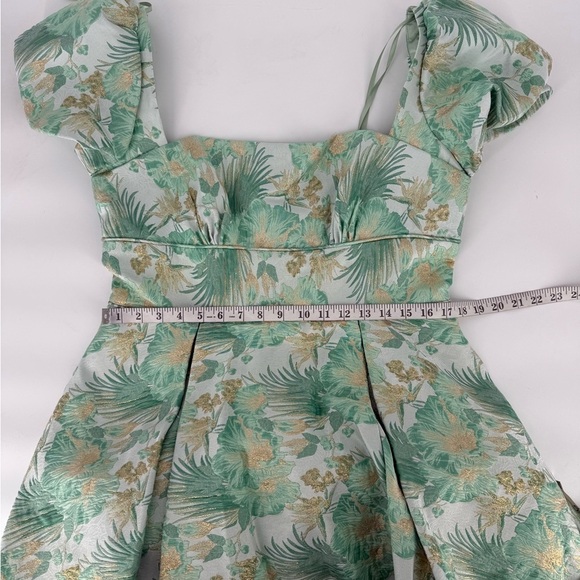 MAC DUGGAL Size 12 Green Floral Brocade 68276 Puff Sleeve High Low Gown Dress - Picture 12 of 12